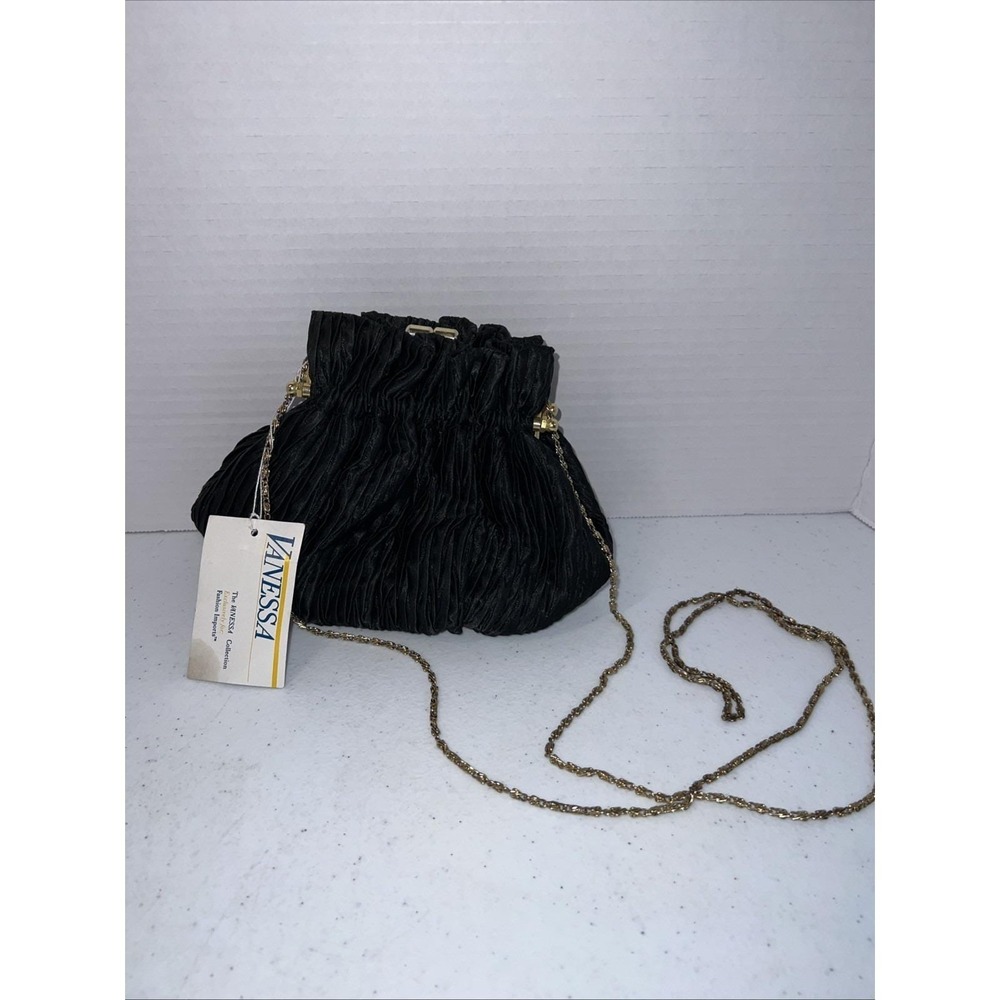 Vintage 1980s Satin Pleated Vanessa Black Cocktail Purse 40" chain